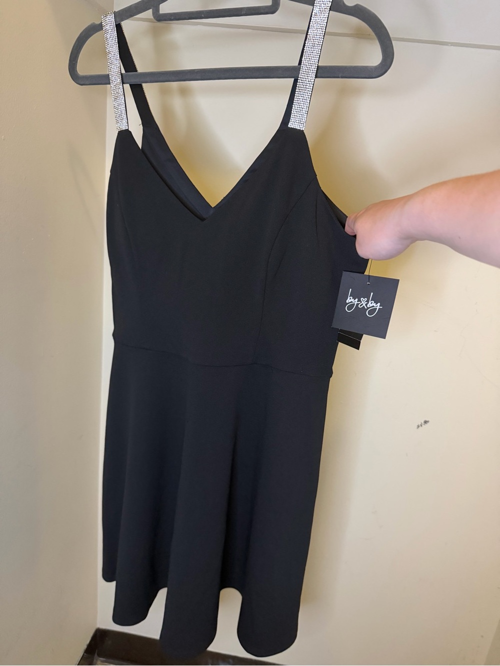 by & by Black Mini Dress with Rhinestone Straps